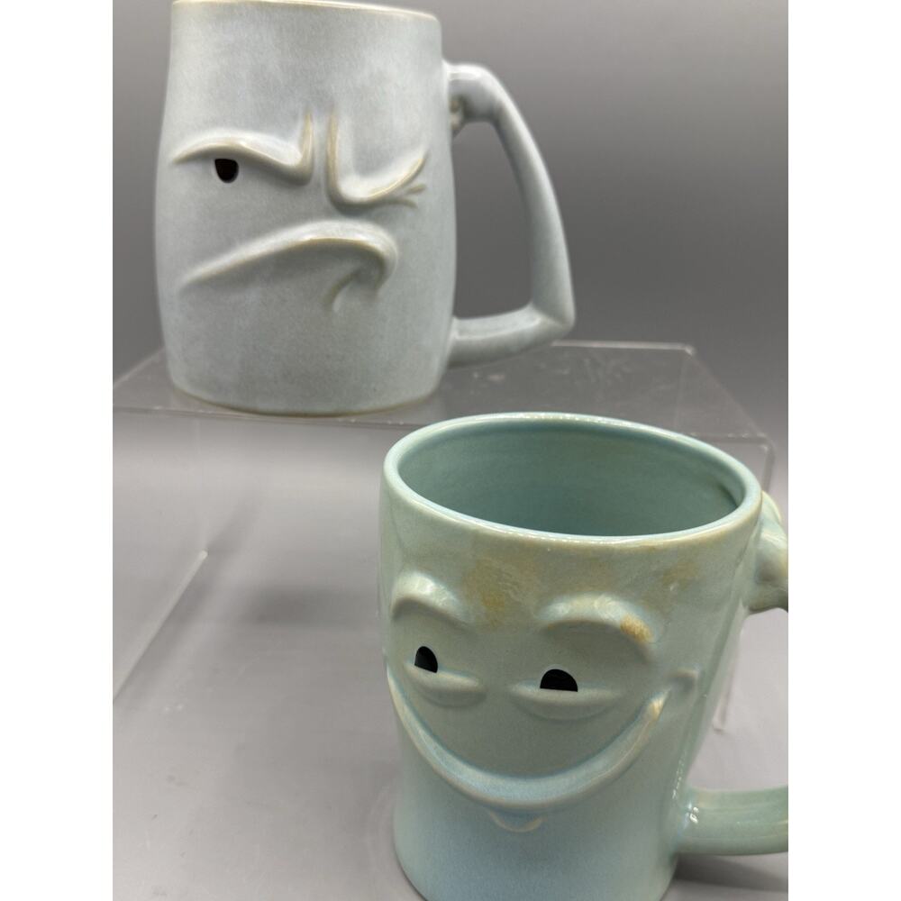 Uncommon Goods Happy & Grumpy Face Ceramic Mug Set Blue Gray
